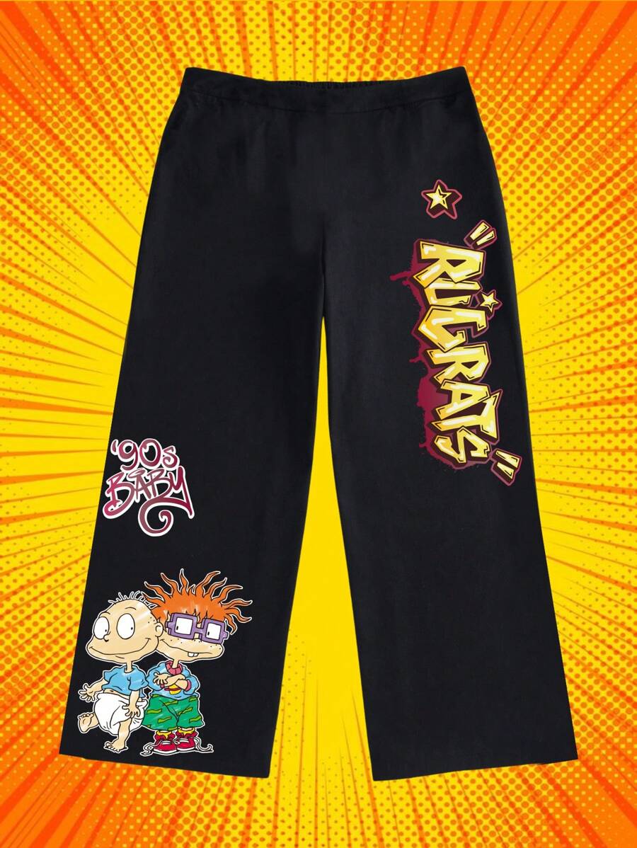 Nick 90s X SHEIN Pantalones holgados de talla grande con estampado gráfico de niños de cómics de dibujos animados negros en estilo Y2K, para primavera/verano, rave, conciertos, festivales, estilo callejero occidental vaquero, retro de los 90