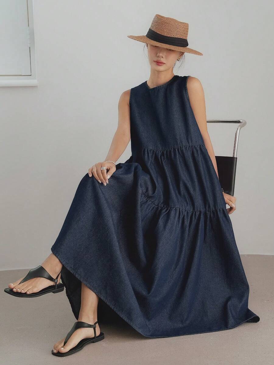Dazy-Less Natural Color Washed Straight Splicing Nature Style Women Denim Dress Business Casual Women
