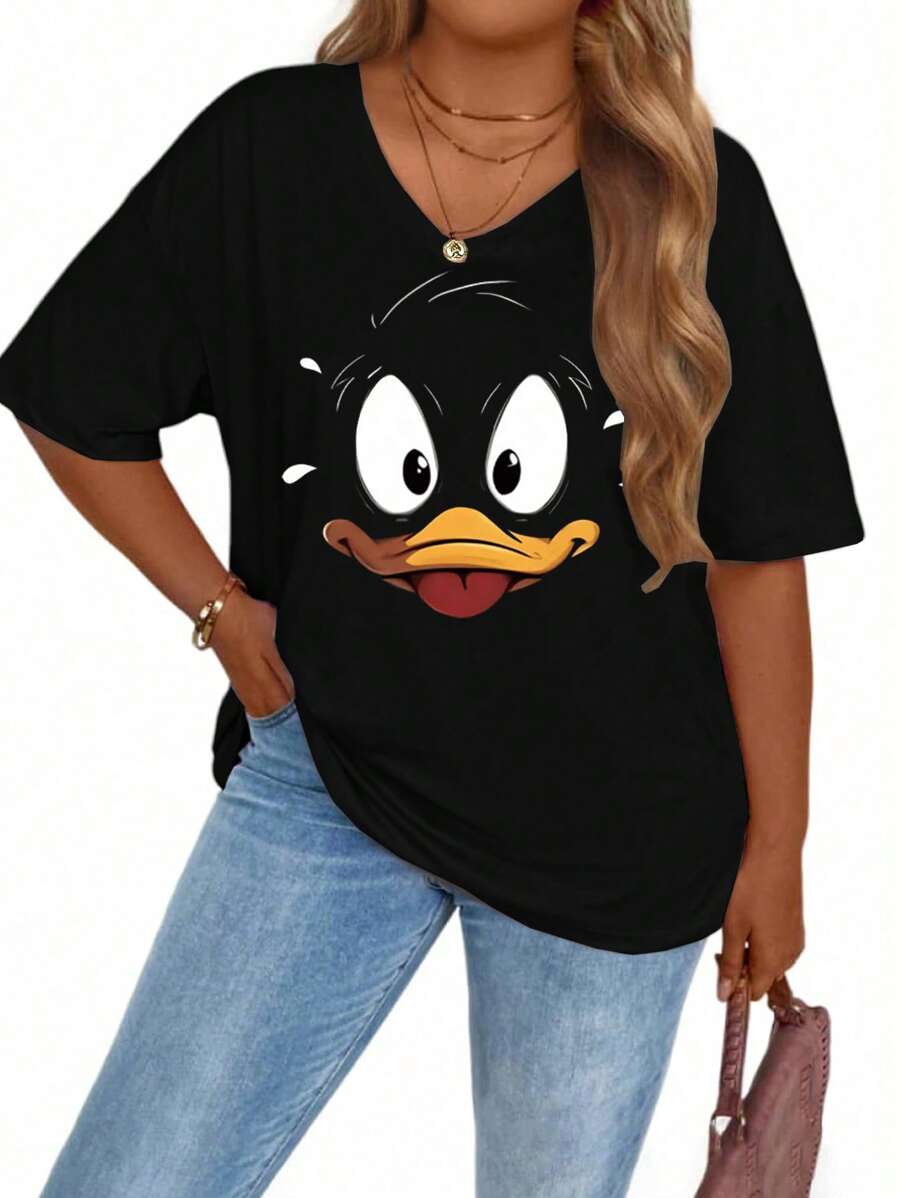 SHEIN LUNE Funny Duck Print T-Shirt, Women's Plus Graphic Tee Short Sleeve Round Neck Casual Top Slight Stretch Comfy Sports T-Shirt For Summer Outdoor Fitness Activities Clothes Graphic Tees Women Tops