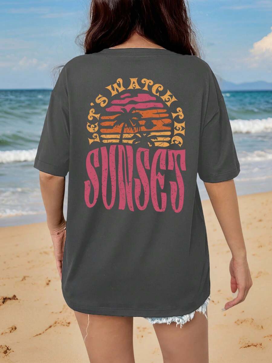 Calvaya Hawajska damska koszulka plażowa z nadrukiem tropikalnym T-shirt z grafiką Letnie wakacje Szczęście Fala Krótki rękaw Top