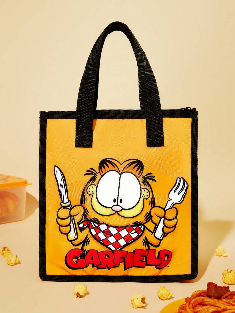 GARFIELD X SHEIN Cartoon Cat Printed Insulated Lunch Bag, Picnic Cooler Bag, Large Capacity For Storing Lunch Boxes, Beverages, Etc.