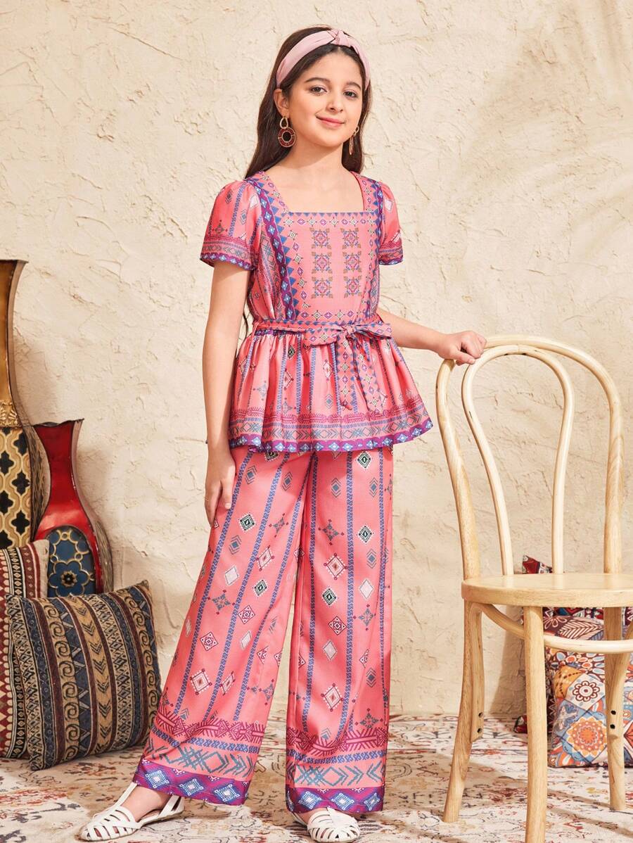 Zweiteiler für Tween Mädchen mit gewebtem Druckmuster, Bindegürtel und gerüschtem Saum Hemd & weite gemusterte Hose, ländlicher bohemian Stil, Lässig für Lässig, Reisen & Urlaub
