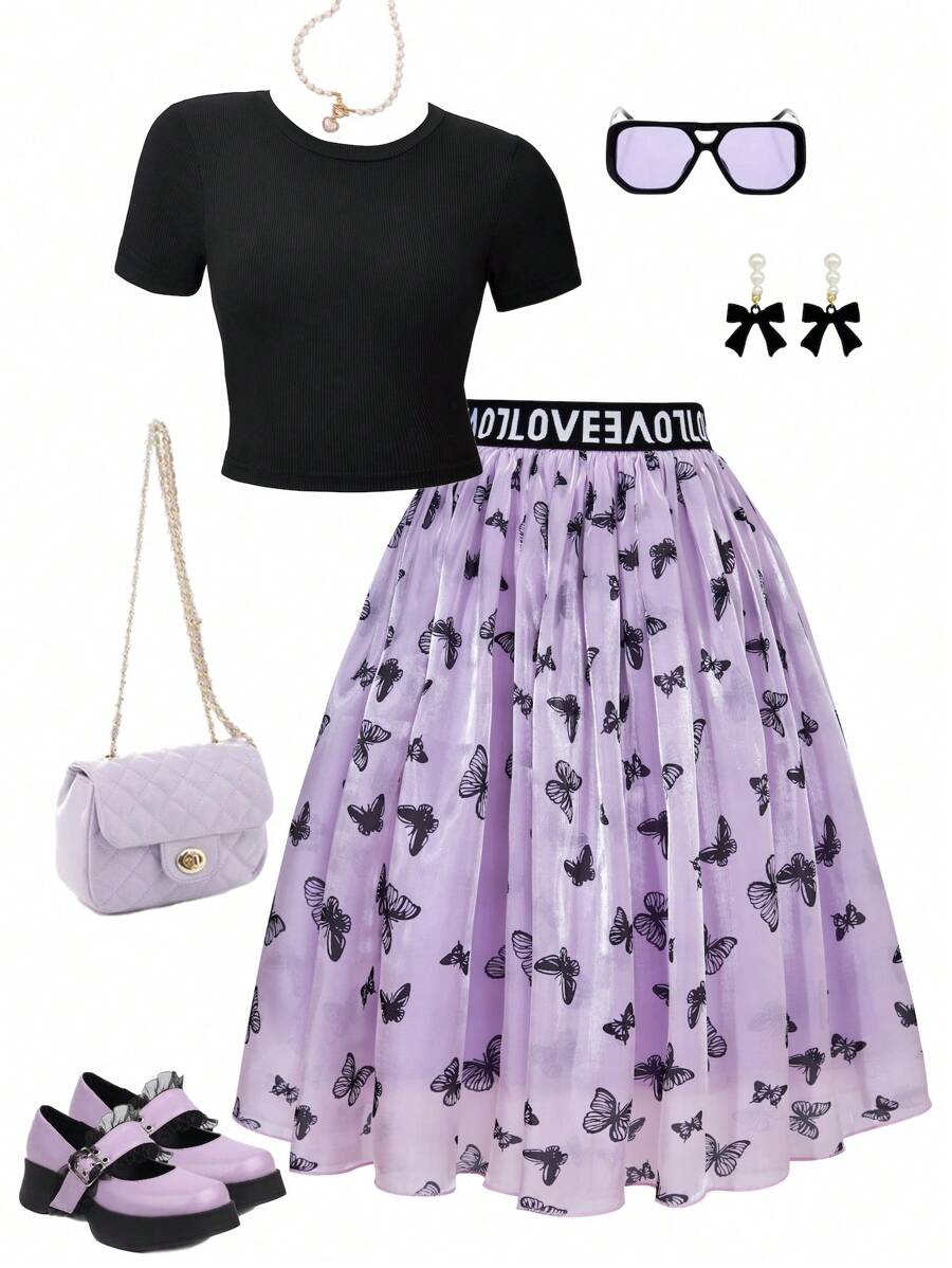 2pcs Tween Girls Ribbed Knit Short Sleeve Top Matched With Sequined Butterfly Fabric Skirt Set, Suitable For Daily Commute, Gatherings, Casual Outings Outfit For Girl