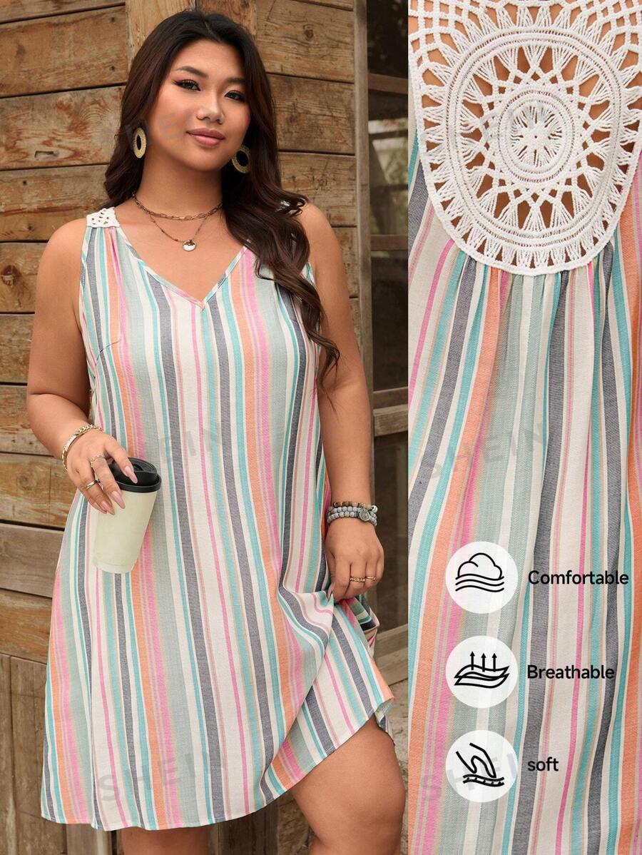 SHEIN LUNE Vestido sin mangas de talla grande de 100% algodón con rayas de colores para resort, uso de verano, vacaciones, uso diario al aire libre, vestido bohemio/estilo boho, esencial para llevar al resort