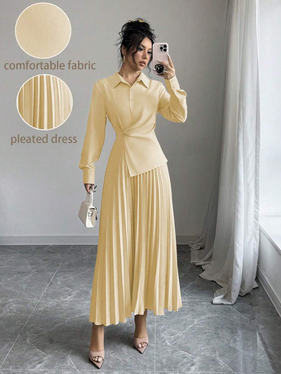 Elenzga Women Casual Solid Color Elegant Pleated Waist Midi Dress, Autumn Maxi Women Outfit