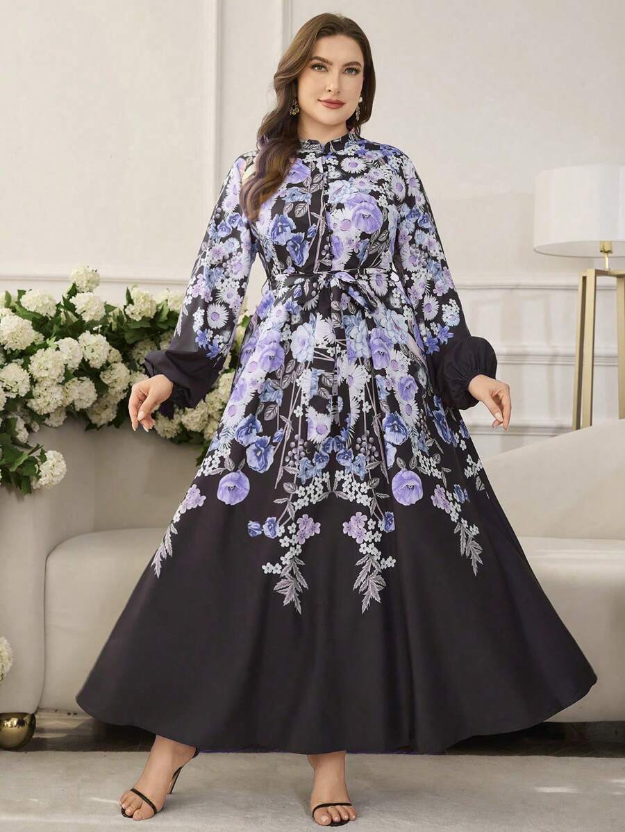 Modelyn Abito lungo con maniche lunghe, stampato in stile arabo, di taglia grande