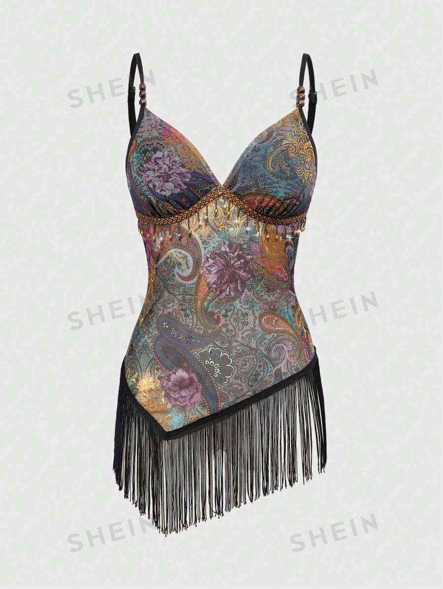 ROMWE Hippie Camiseta de tirantes con estampado de paisley, dobladillo con flecos de cuentas de madera, estilo retro hippie western y de festival de música para mujeres