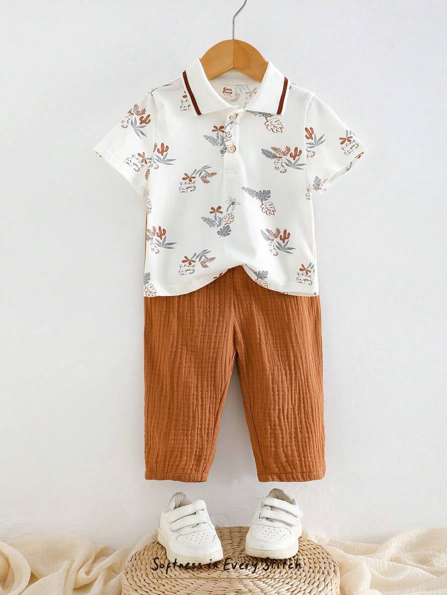 Cozy Pixies 2pcs Baby Boy Cartoon Animal Print Polo Collar Short Sleeve Pullover Top And Elastic Waist Pants Set
