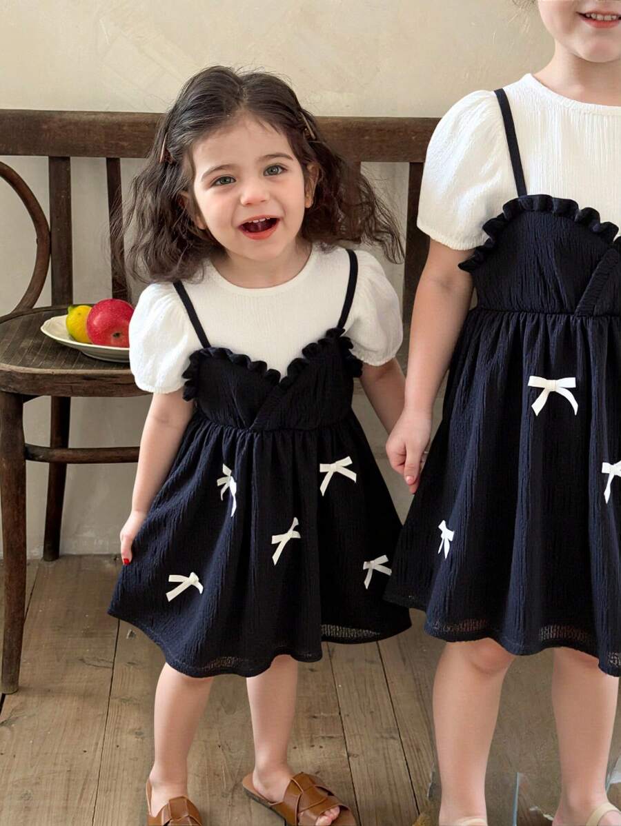 SHEIN 2 pièces Ensemble robe à bretelles mignonne avec nœud papillon et Top à manches courtes pour bébé fille, été