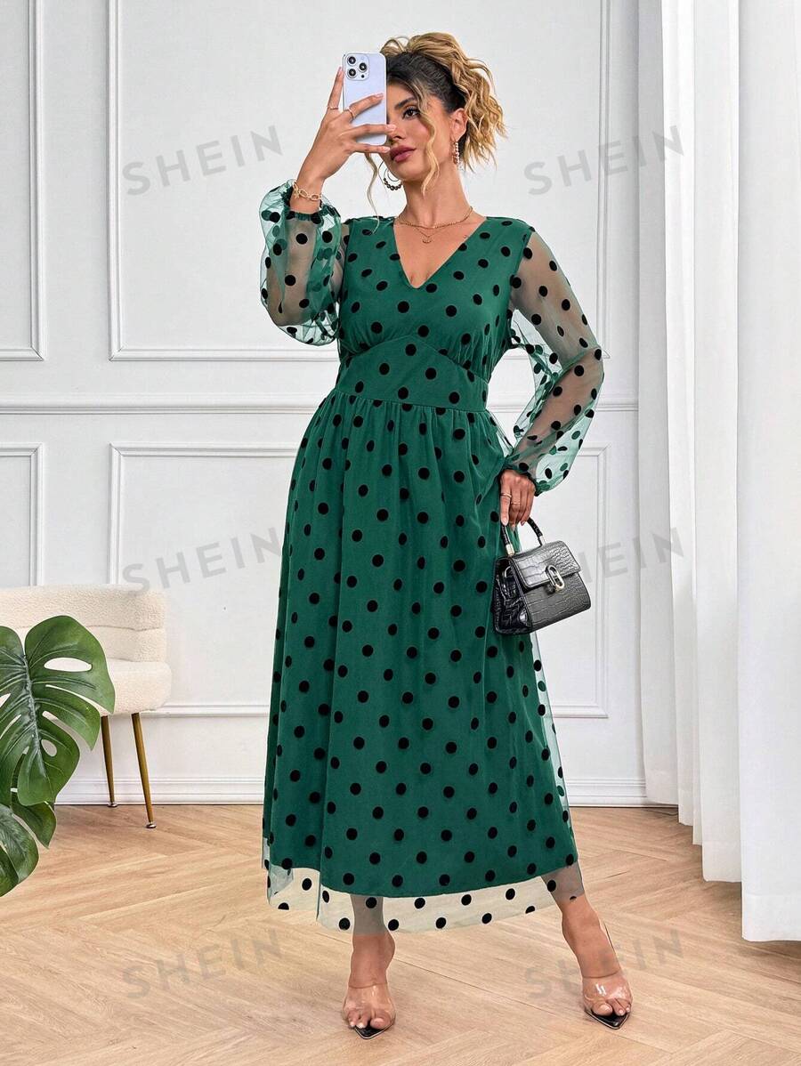 SHEIN Clasi Vestido maxi con mangas linterna, estampado de lunares y malla para mujer de talla grande