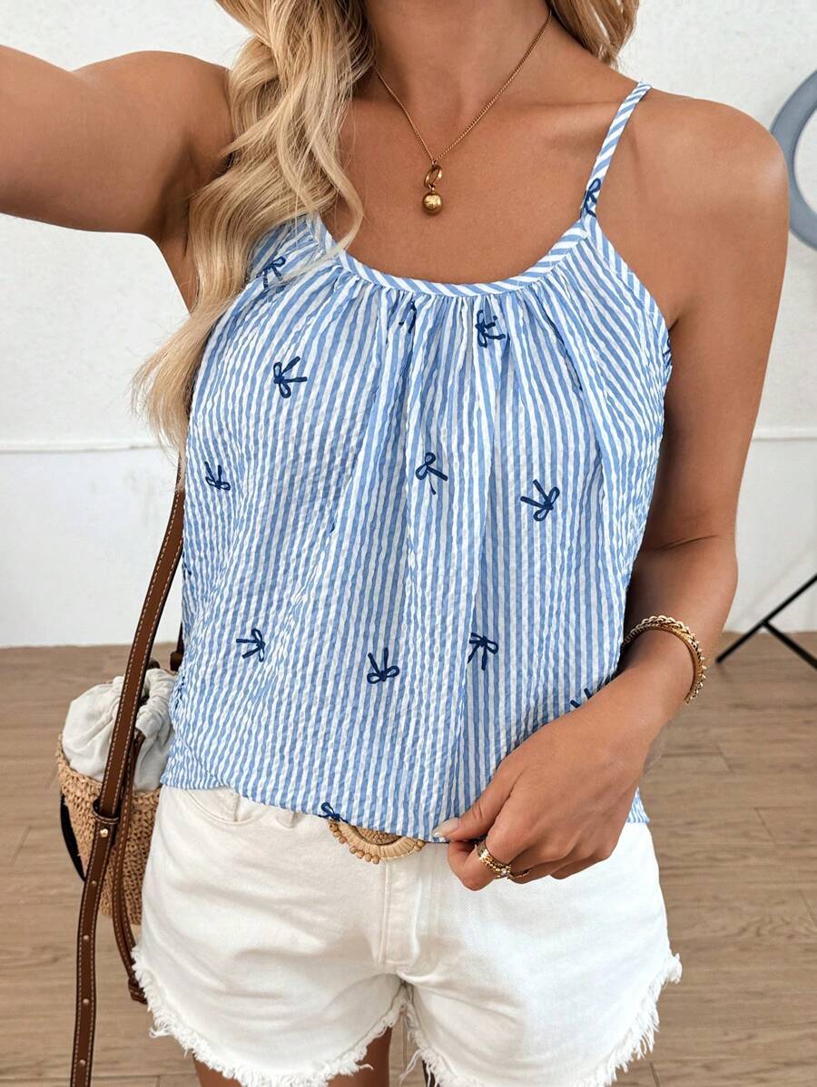 SHEIN LUNE Ladies Bow Striped Pleated Loose Camisole Fairycore Vacation Tops Cherry Top Funny Shirts Cute Summer Tops Off The Shoulder Top Vacation Summer Clothes Going Out Tops Women Vacation Outfits Woman Fairycore Coquette