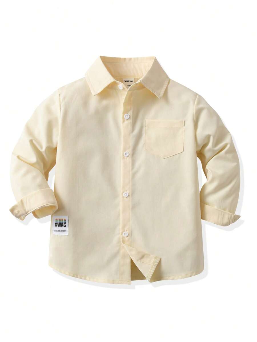 SHEIN Camisa de manga larga informal y cómoda de unicolor para niño, con decoración de logotipo pequeño refinado, se combina bien con pantalones informales, adecuada para uso diario casual, viajes, reuniones, vacaciones y escuela, una camisa versátil para las temporadas de primavera y otoño