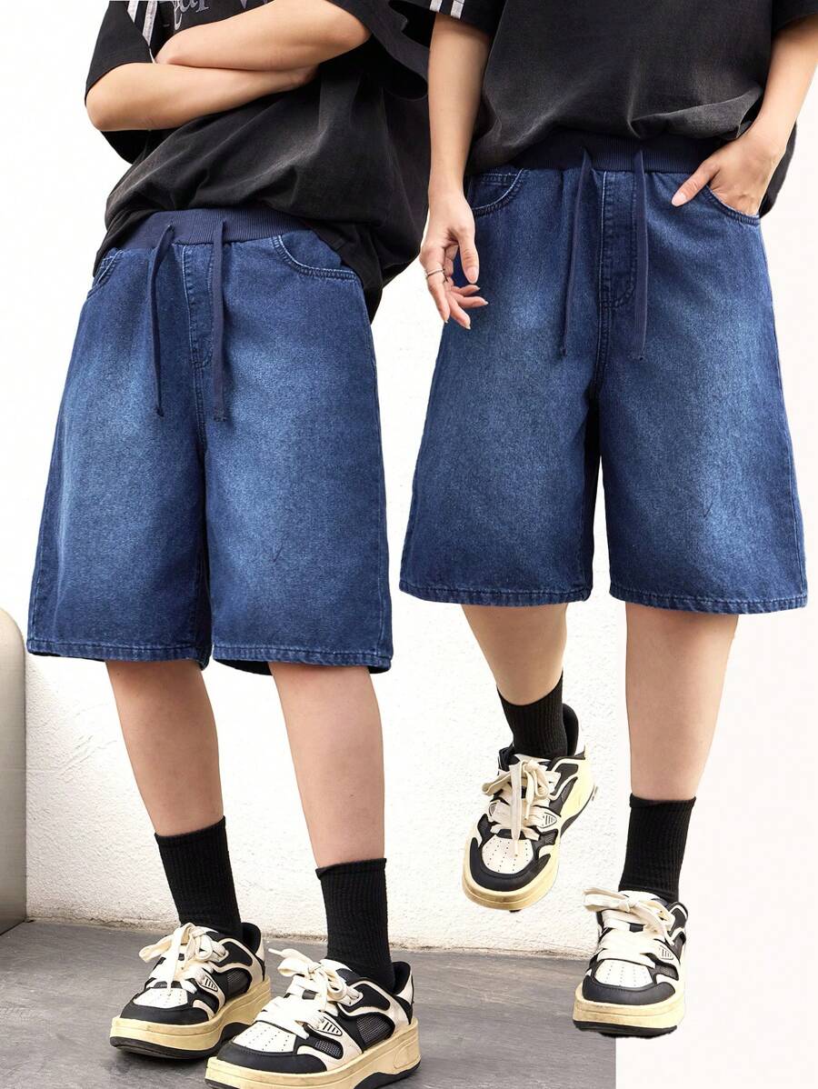 SHEIN Moda dla nastolatków na co dzień Y2k niebieski denim wygodne miękkie dzianiny elastyczny pas szwy projekt proste nogawki dżinsowe spodenki dla nastolatków ubrania dla chłopców kostiumy codzienne i nastoletnich chłopców letnie i wiosenne ubrania