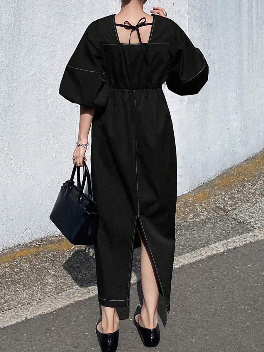 FRIFUL Women Solid Color Round Neck Lantern Sleeve Casual Long Dress Summer Beach Wear