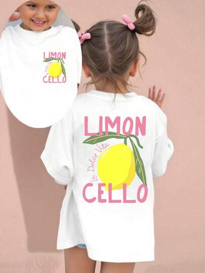 Young Girl Lemon Letter Print Round Neck Short Sleeve Casual T-Shirt