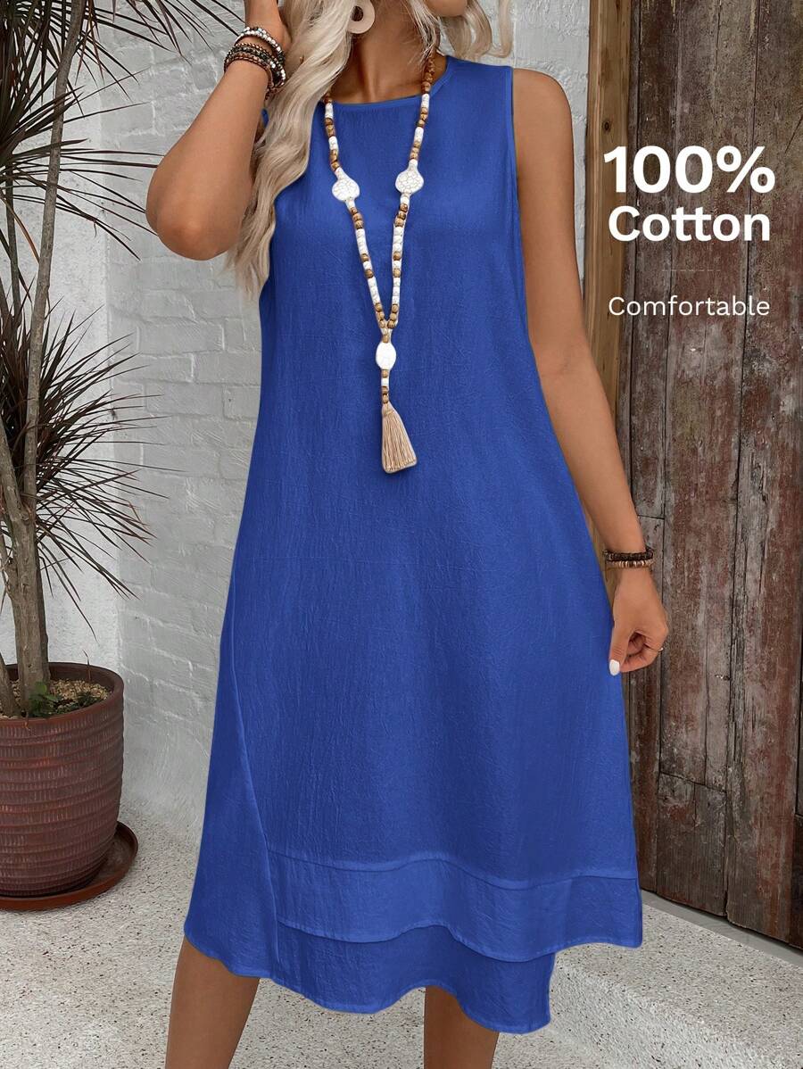 EMERY ROSE Casual Cotton Sleeveless Round Neck A-Line Dress For Summer White Dress,Summer Dresses For Women