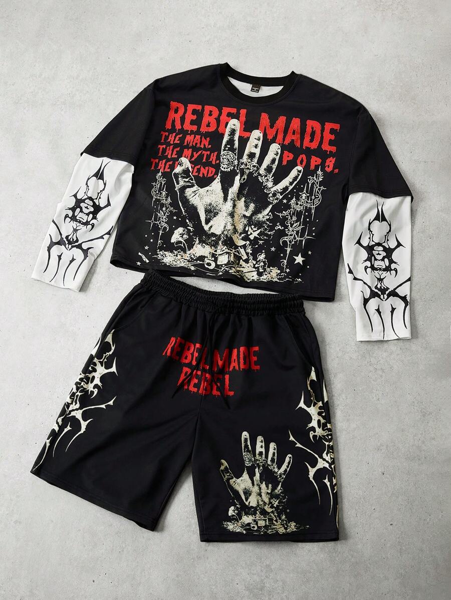 Manfinity Streetrush Men's Hand Scribble Letter Graphic Two-Piece Contrast Color T-Shirt Set