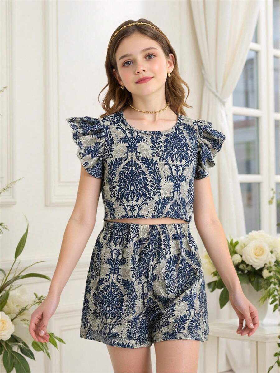 2pcs/Set Tween Girls Green Floral Print Ruffle Trim Top And Shorts Set