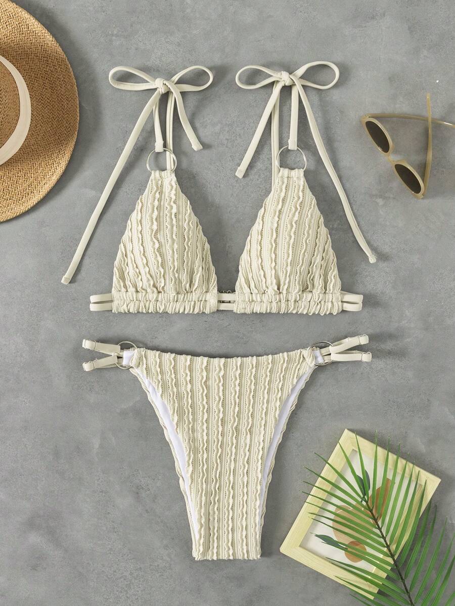 SHEIN Swim 2 pezzi Costume da bagno donna sexy, top in tessuto a costine e slip triangolo regolabile con decorazione ad anello argento