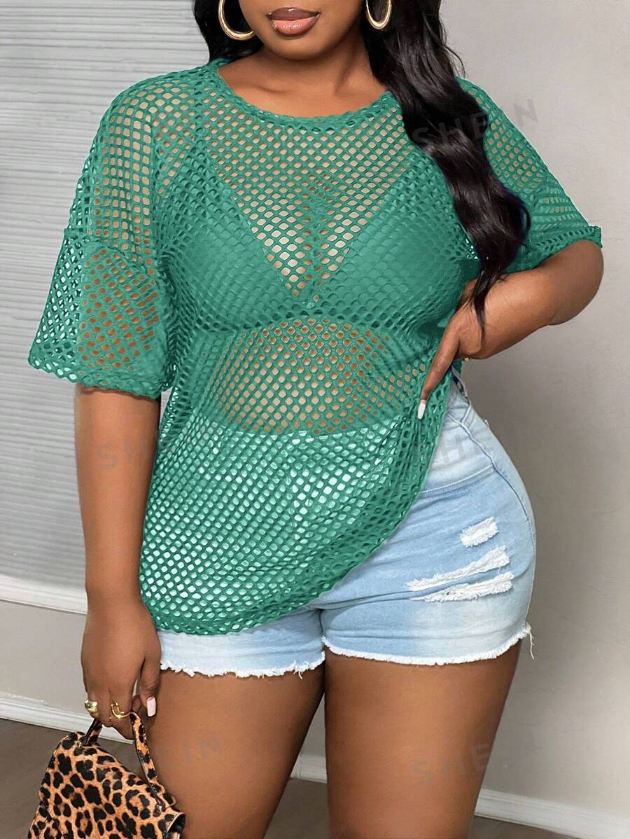 Slaydiva Camiseta holgada y casual de manga 3/4 con cuello redondo y semi-transparente, de talla grande, para primavera y otoño