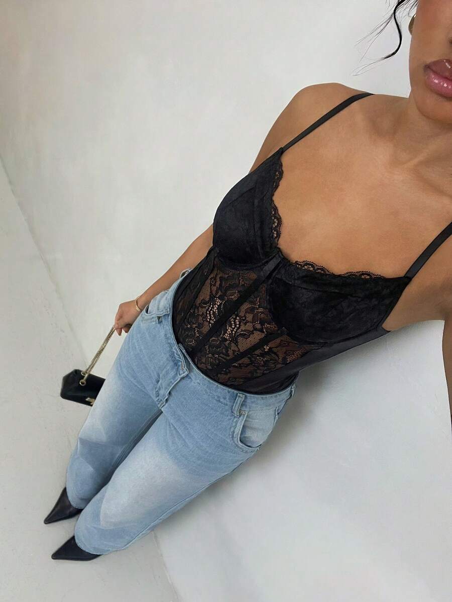 Glamine Canotta estiva sexy in pizzo trasparente con bretelle a spaghetti