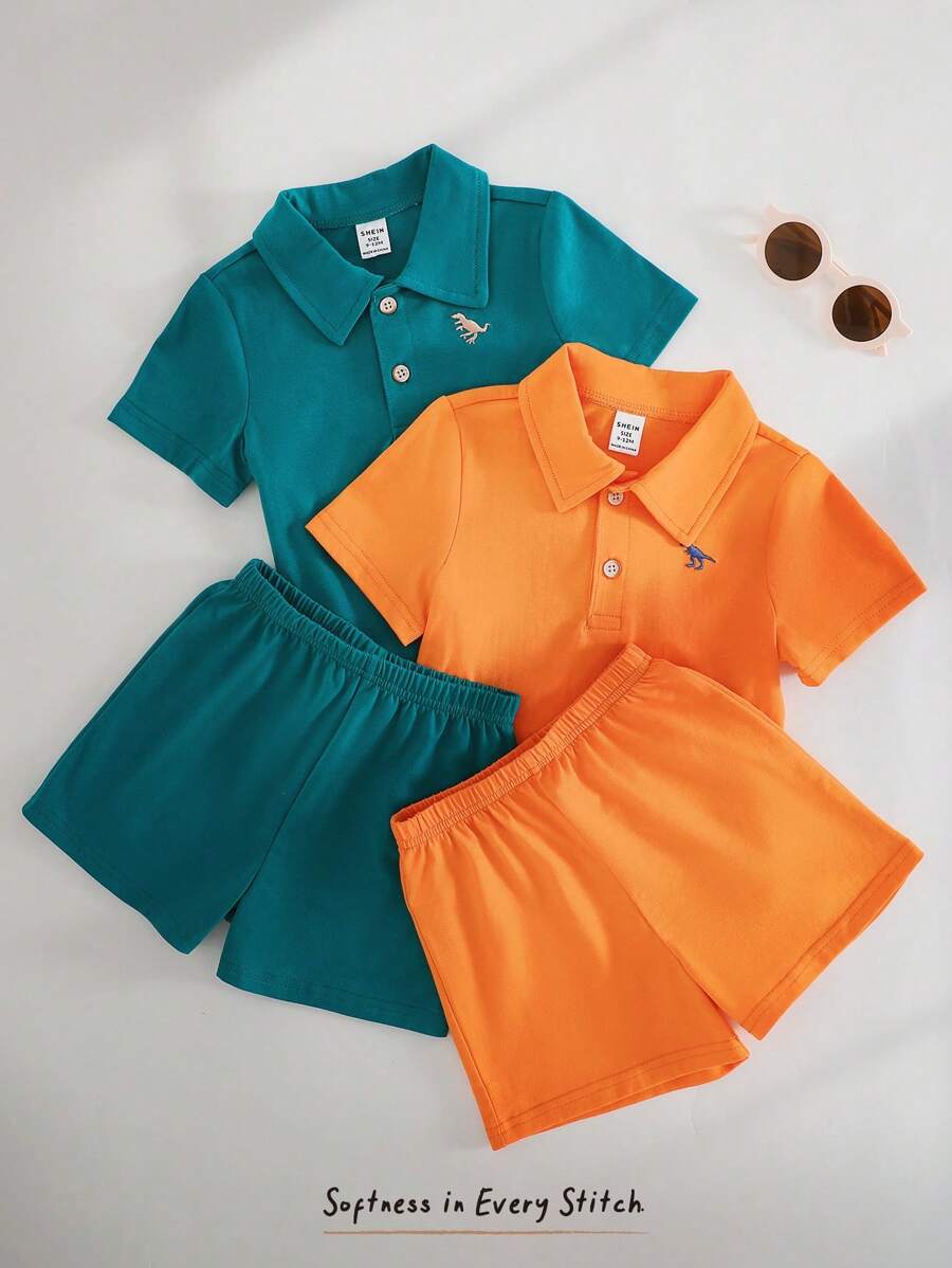 Cozy Pixies Baby Boy 4pcs Set: Contrast Color Knit Soft Polo Collar Short Sleeve Half-Button Pullover Top And Elastic Waist Shorts