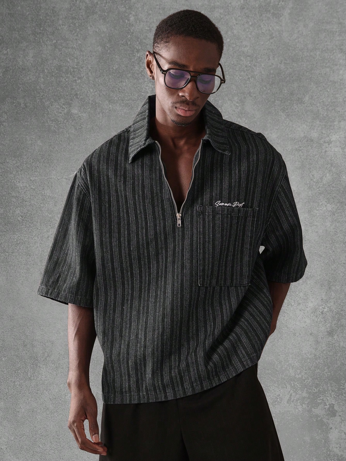 Oversized Retro Style Striped Half Zip Denim Top｜Sumwon