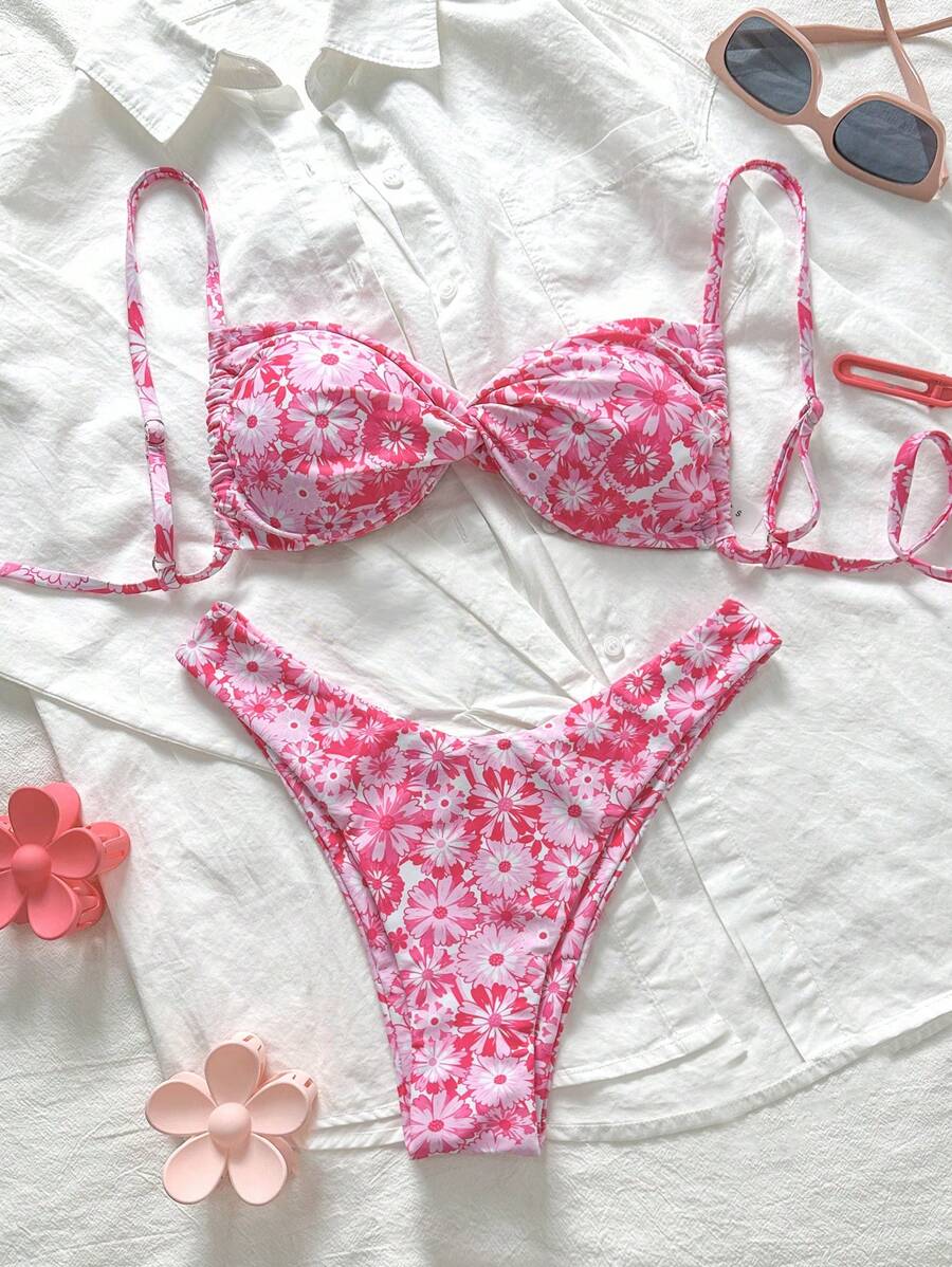 Swim Mod Bikini da donna per la primavera, a fascia sottile, con stampa floreale piccola a caso, con dettaglio intrecciato davanti, per l'estate