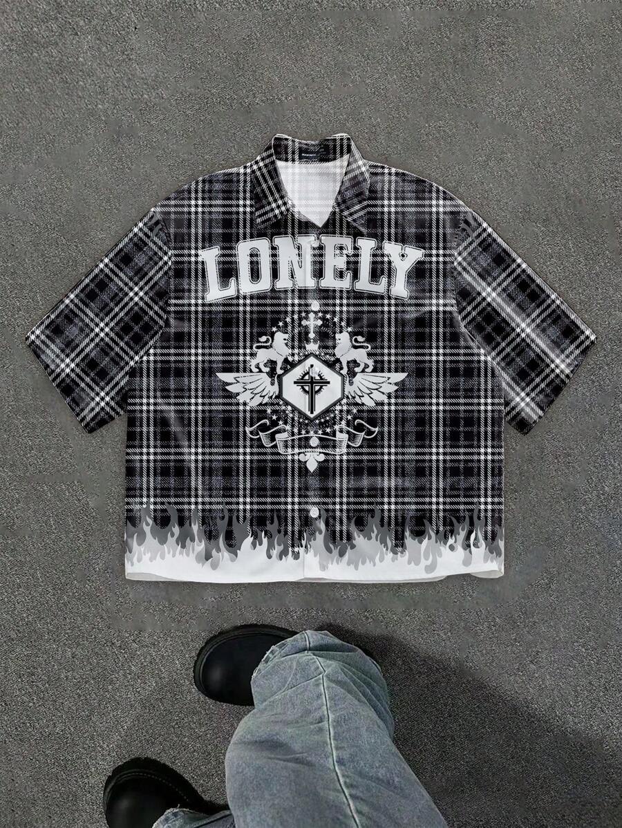 Manfinity EMRG Nuova camicia stampata con grafica di slogan a scacchi a fiamma per primavera/estate, stile casual di strada