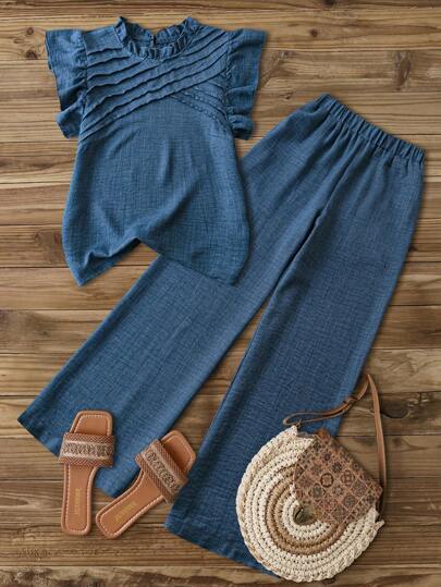 SHEIN Clasi Women's Casual Blue Asymmetrical Ruched Decor Cap Sleeve Shirt With Ruffle Collar + Women's Casual Blue Elastic Waist Side Pockets Straight Leg Cropped Pants