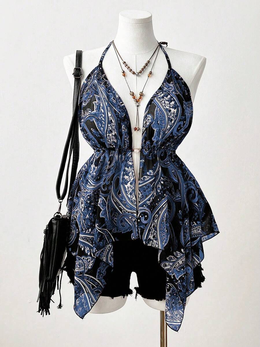 SHEIN SunnyBelle Top canottiera per donna con scollo alla halter, in tessuto trasparente, motivo a patchwork con perline, stile boho, hippie, cowgirl, old money, di taglia curvy
