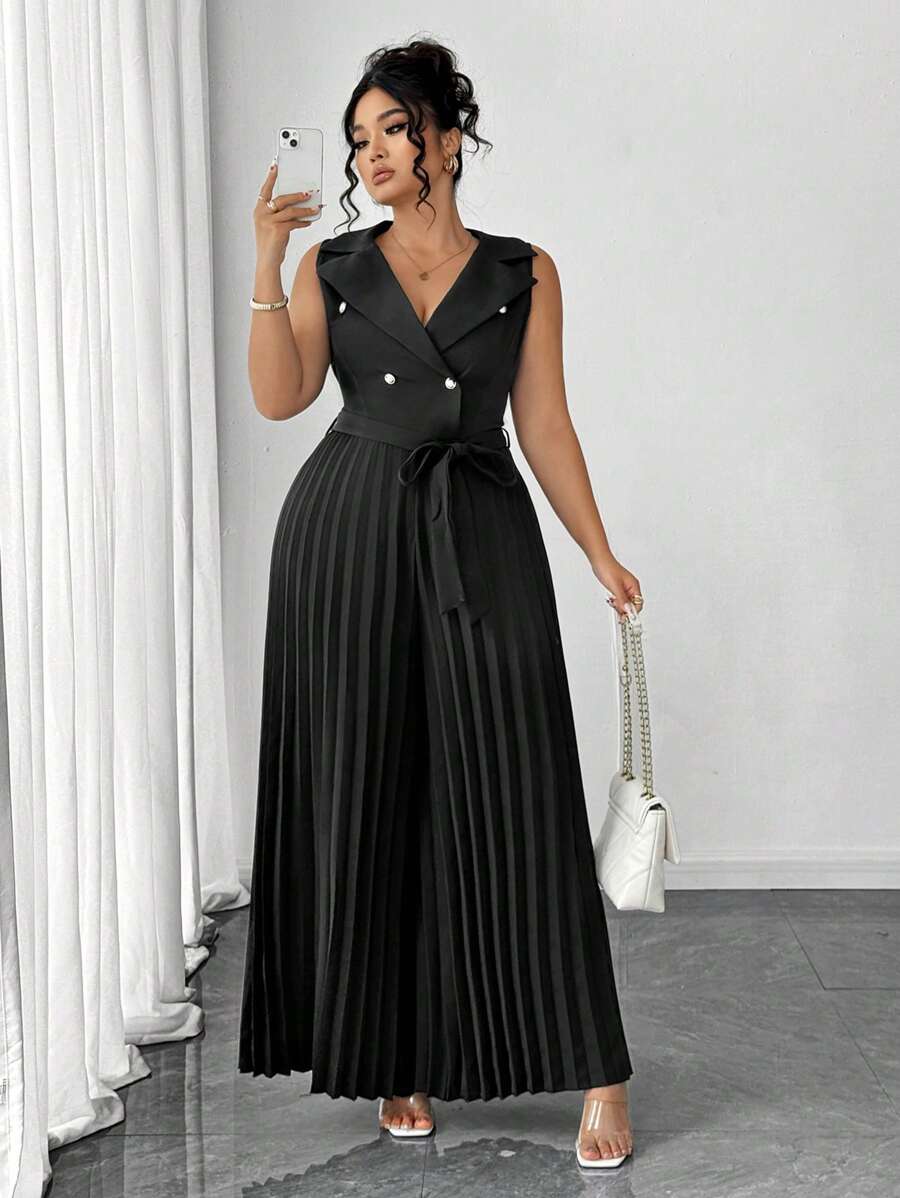 Elenzga Plus Size Women Lapel Neck Sleeveless Cinched Waist Pleated Wide Leg Jumpsuit