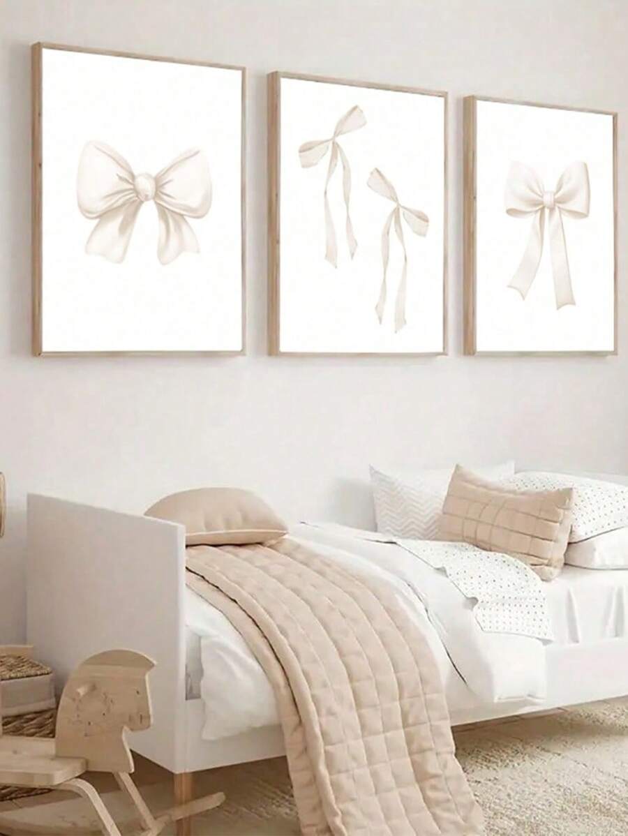 SHEIN 3pcs Set Unframed Beige Bows Preppy Art Poster Canvas Print Girl Room Decoration Painting Minimalist Cute Wall Painting Picture For Dorm,Living Room,Teen Room,Bedroom,Home Decoration