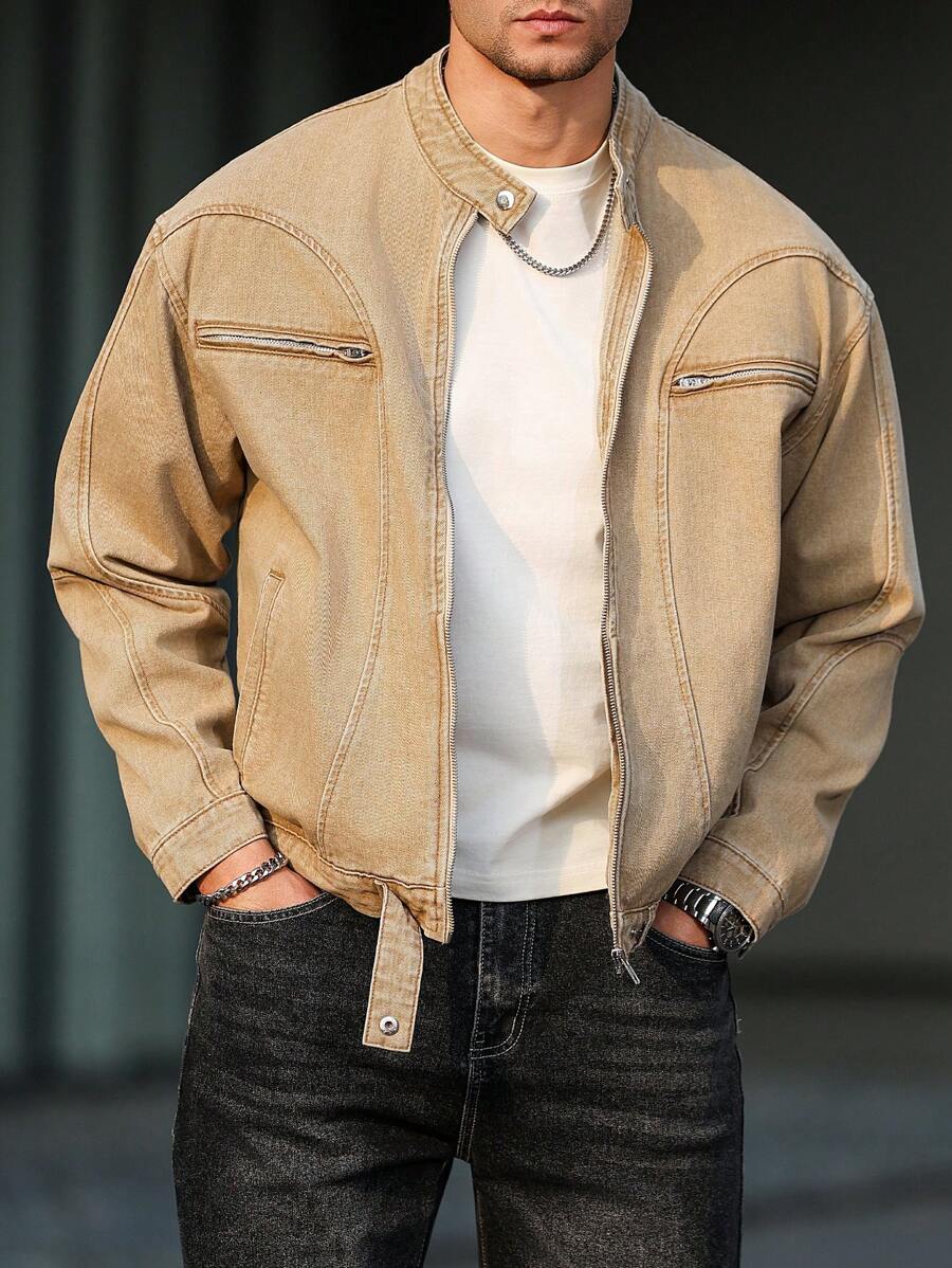 Manfinity LEGND Men's Khaki Denim Jacket With Stand Collar Zipper Details And Wrist-Length Sleeves