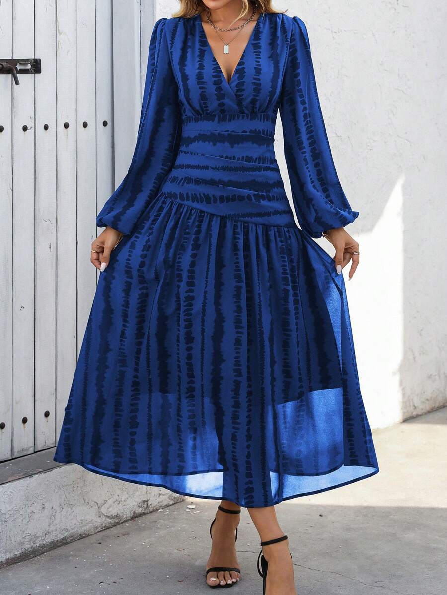 SHEIN Clasi Abito da donna elegante alla francese a maniche a lanterna con scollo a V incrociato, vita arricciata e linea ad A, in fantasia zebrata, adatto per la stagione primavera/autunno/inverno