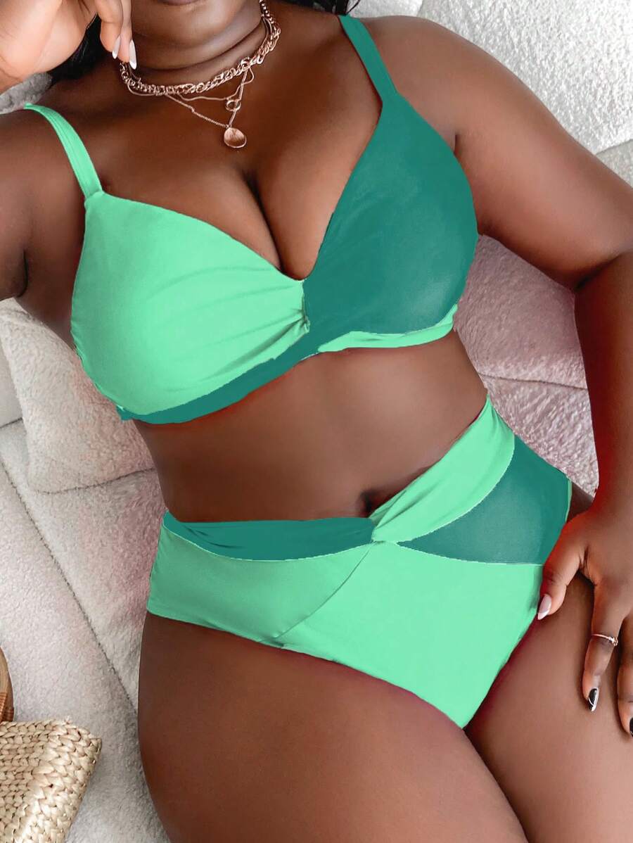 Slaydiva Costume da bagno a due pezzi con design a blocchi di colore e torsione, per taglie forti