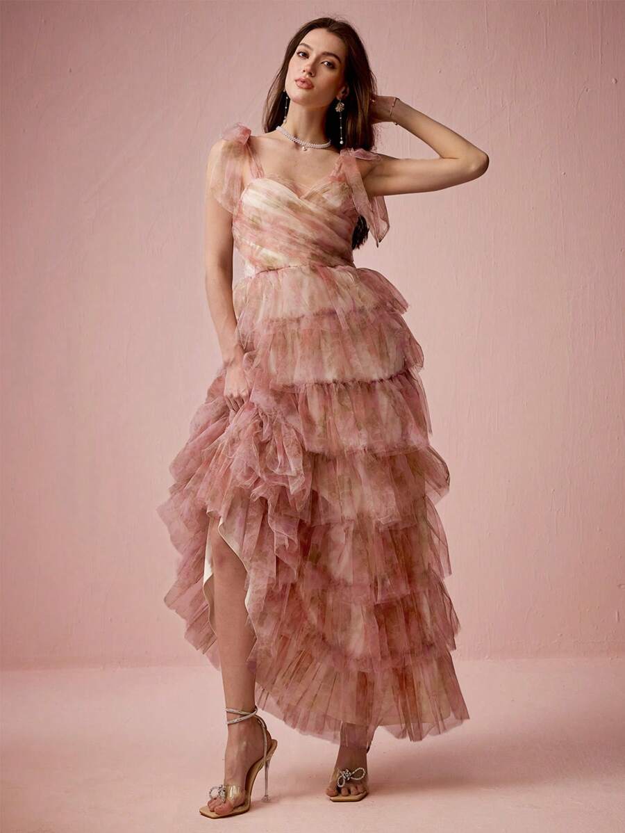 Enchnt Spring/Summer Romantic Women's Soft Pink Bowknot Multi-Tiered Ruffle Princess Maxi Cake Dress,Sweet&Elegant For Birthday&Holiday Party&Wedding Season&Sweet Date &Prom&Garden Parties&Vacation