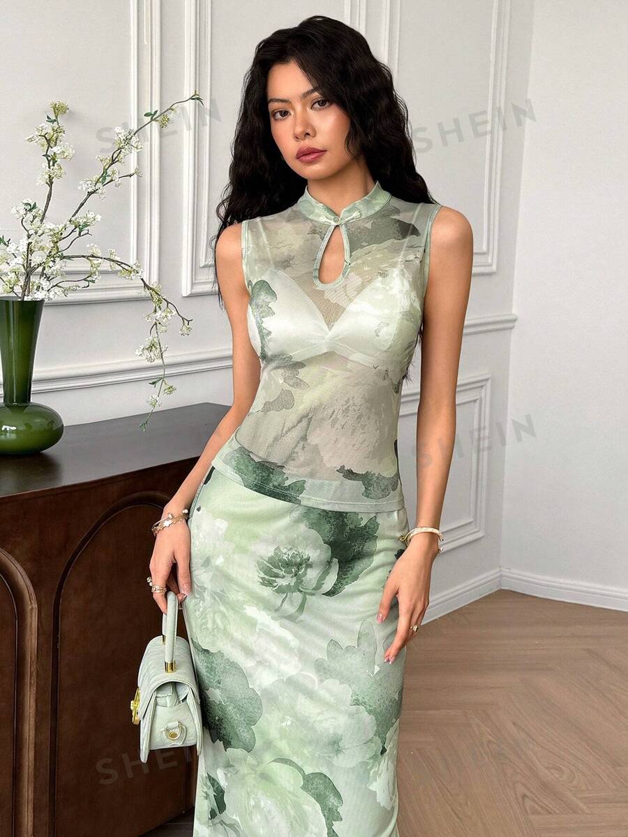 EastFlair Conjunto de 2 piezas de top transparente de mujer con estampado floral elegante y falda, para verano