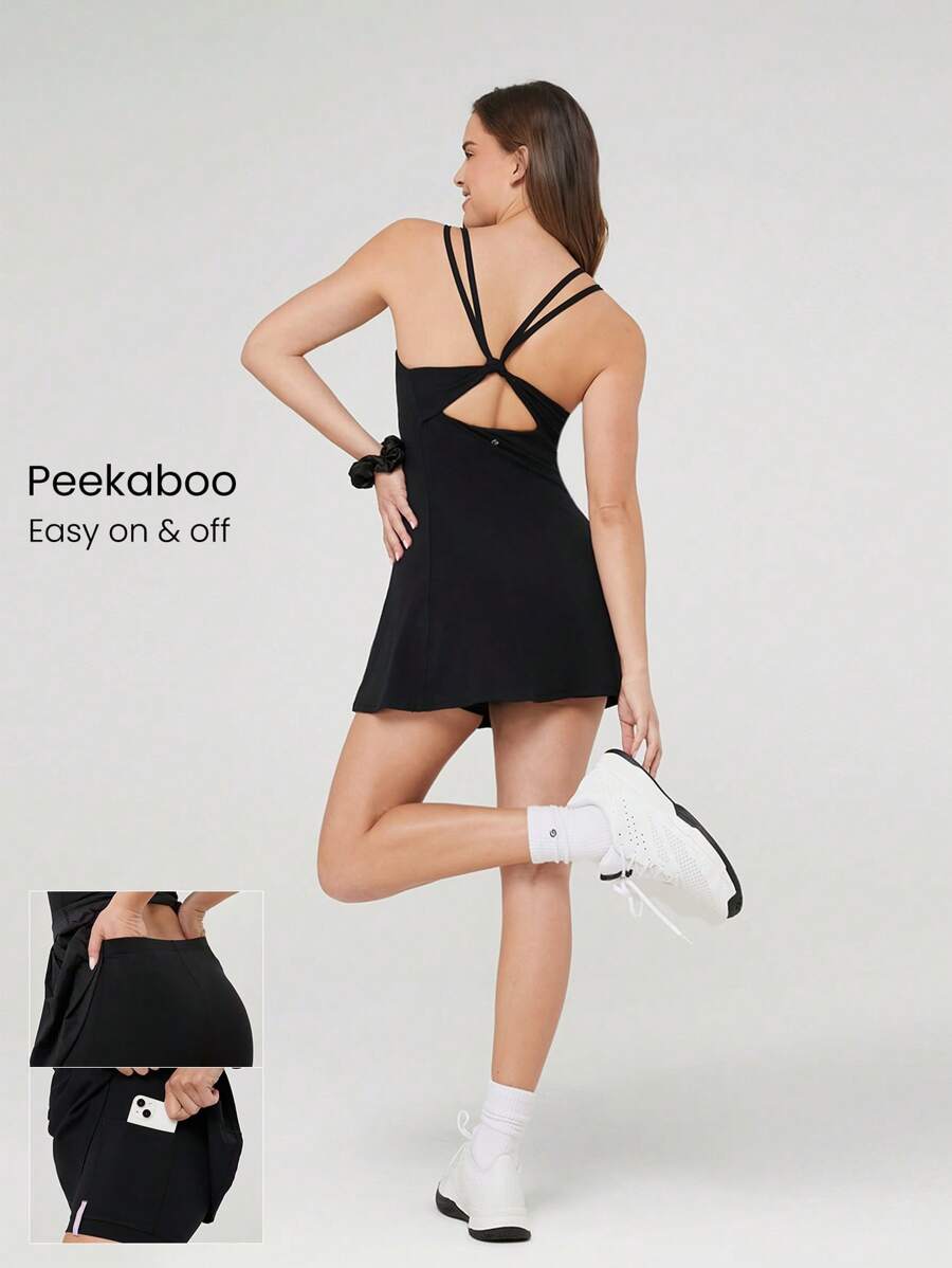 GLOWMODE FeatherFit™-Air Peekaboo Knotted Y Back V Neck Peekaboo Dress With Built-In Shorts Low Impact Yoga Daily Removable Cups Spring Summer