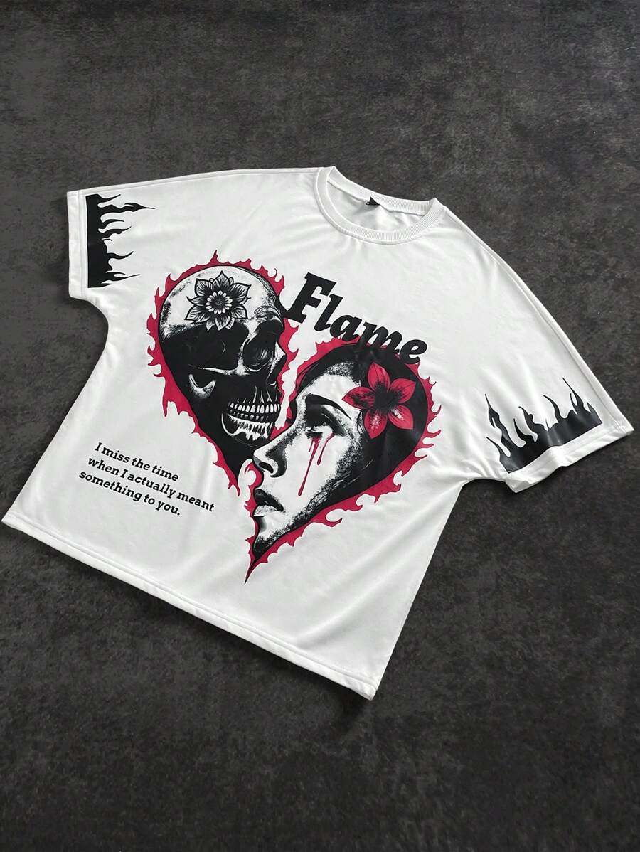 Manfinity EMRG Young Street Style For Men, Versatile INS Item: Oversized Split Love Skull Portrait Flame Graffiti Illustration. Short Loose White Short Sleeve Raglan Sleeve T-Shirt With Oversized Letter Pattern Print On The Front. Versatile, Suitable For Sportswear, Back To School Wear And Boyfriend Gift. Streetwear, Y2k Men