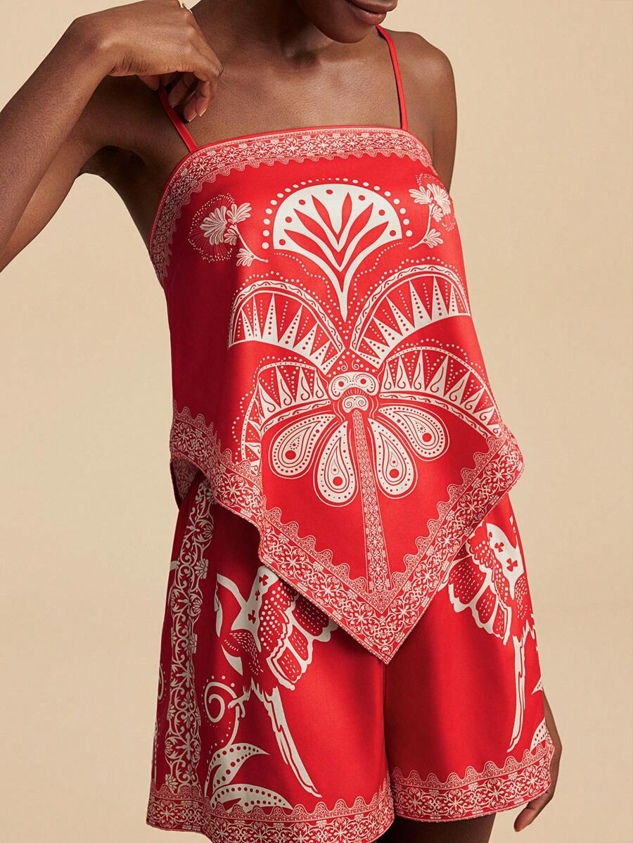 Travachic 2pcs/Set Women Tropical Palm Tree Print Cami & Shorts Set