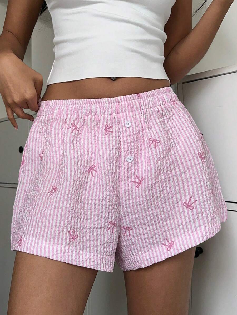 Aloruh Eleganti shorts mini rosa a righe con stampa in stile fiocco, vita bassa e versatili