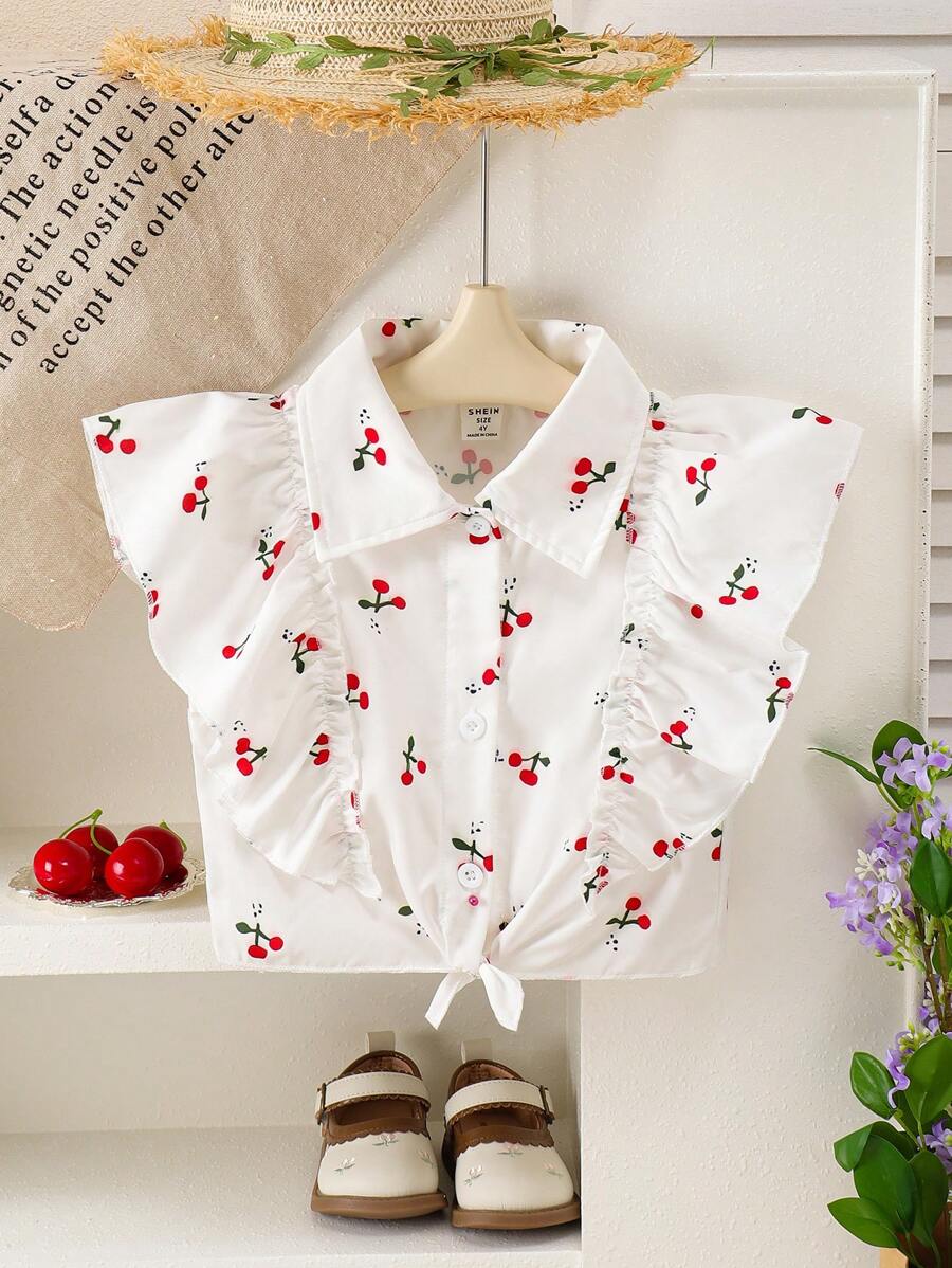 SHEIN Blusa con stampa di ciliegie, orlo arricciato e colore unito, per ragazze, adatta per primavera ed estate