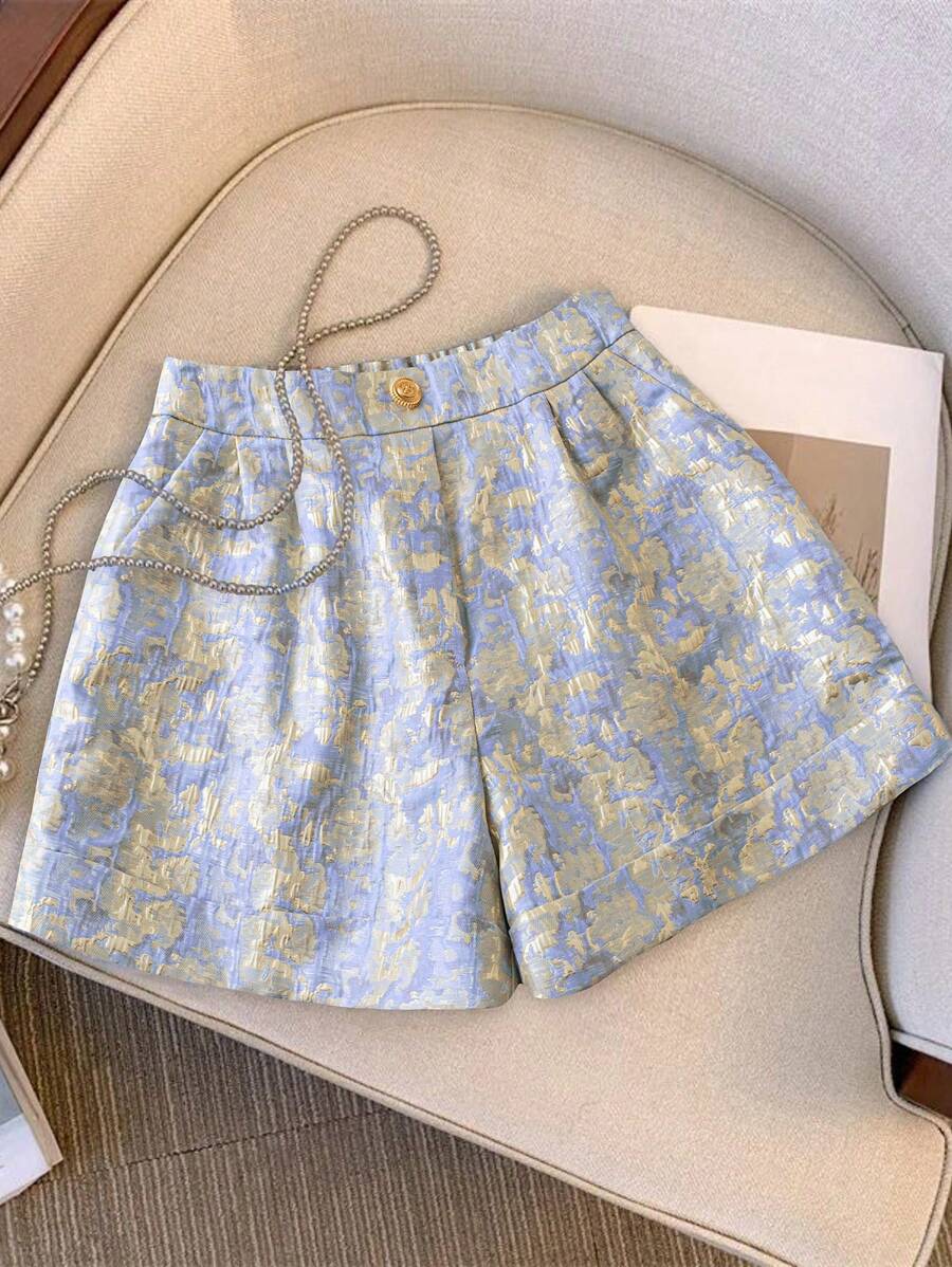 Franclia Pantaloncini ampi e romantici da donna in acetato con satin, design jacquard, vita alta, orlo con volant, a gamba larga, stile elegante, taglia comoda