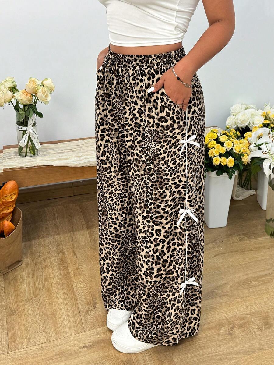 SHEIN EZwear Plus Size Leopard Print Loose Straight Leg Casual Pants