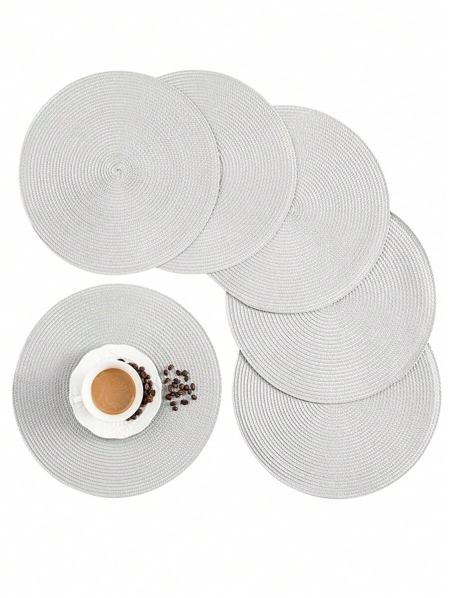 SHEIN 12pcs/Set Silvery Wheat Placemat 15inch Round, PVC Material 3.94inch Round Hollow Cup Coaster, Washable, Easy To Clean, Wipe, Anti-Slip, Heat Resistant, For Room Decor, Dining Tabl