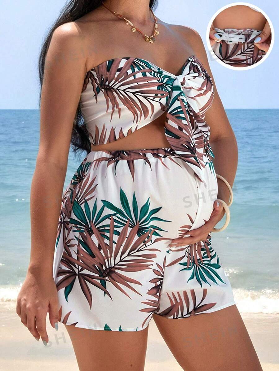SHEIN Conjunto de top tubo con nudo delantero y short con estampado tropical, atuendo de maternidad