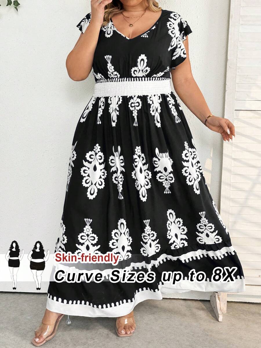SHEIN CURVE+ Vestido casual de vacaciones con cuello en V, volantes, mangas tapón, cintura con cordón y dobladillo con volantes en forma de A, para mujer talla grande. Atuendo para la playa/Vestido de playa/Atuendos de vacaciones en la playa/Esenciales de playa/Graduación/Vestido para té