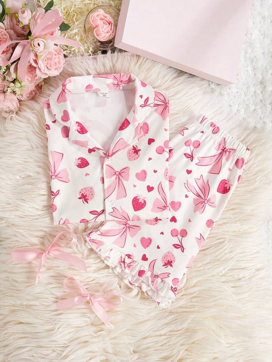 2pcs Girls Set Minimalist Fashion Elegant Sweet Bow Cute Cherry Strawberry Print All Over Pattern Polo Collar Shirt And Shorts Casual Homewear Suit For Tween Girls