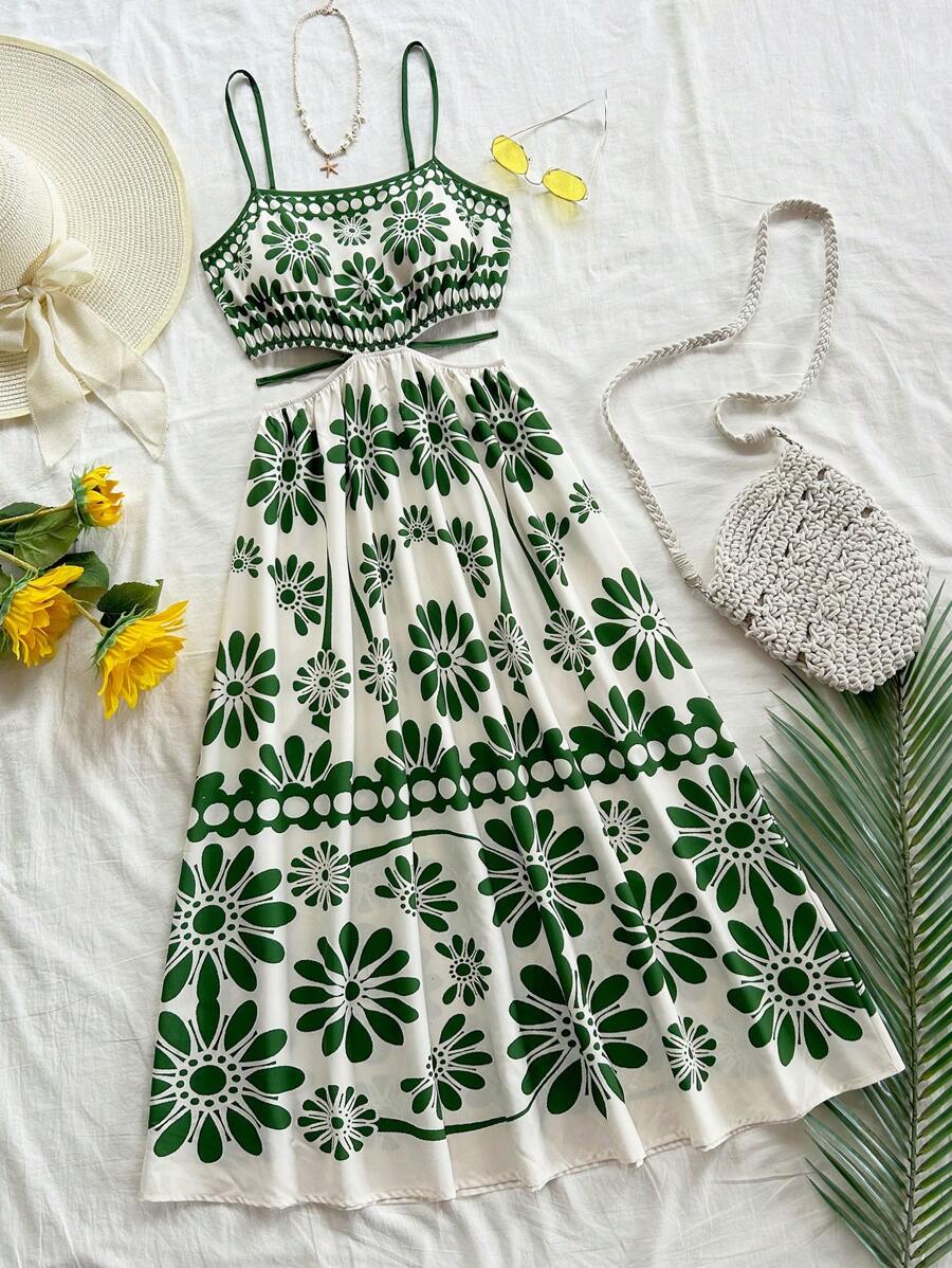 Soleia Women's Green Tropical Floral Retro Print Sleeveless Midi Dress With Side Cutouts And Tie Waist, Vacation Style,Summer Dresses For Women